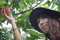 Fruit picking girl at outer place Royalty Free Stock Photo