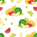 Seamless pattern with watermelon, melon and grapes. Heap of juicy summer fruits. Vector illustration of whole fruits and slices Royalty Free Stock Photo