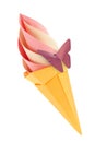 Fruit pink and vanilla ice-cream in waffle cone with purple butterfly. Royalty Free Stock Photo