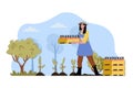 Fruit planting concept. Woman holding box of seedlings and planting fruit tree situation. Gardening, farming people scene. Vector