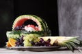 Fruit plate with beautifully sliced watermelon and grapes