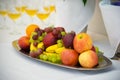 Fruit on a platter. Dessert on white. Royalty Free Stock Photo