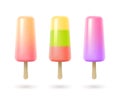 Fruit popsicle, colorful ice creams on wooden stick. Realistic frozen juice on white background Royalty Free Stock Photo