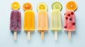 Fruit popsicles on blue background. Top view, flat lay Generative AI