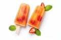 Fruit popsicles with strawberry and mint on white background, top view, Orange and strawberry popsicles isolated on white Royalty Free Stock Photo