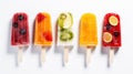 Fruit popsicles on white background. Top view, flat lay Generative AI