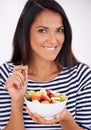 Fruit, portrait and healthy eating for excited woman, bowl and happy for fresh food. Natural, nutrition and sustainable Royalty Free Stock Photo