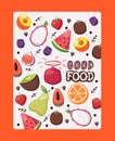 Fruit poster with isolated icons vector illustration. Booklet cover, organic product package label. Fresh juicy tropical