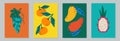 Fruit poster set grape, tangerine, mango and dragonfruit. Modern style, pastel colors