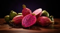 Fruit Prickly Pear. Whole purple and green fruits on dark background with leaves and drops. Macro. Exotic fruit of
