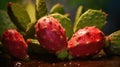 Fruit Prickly Pear. Whole red fruits on green background of leaves and drops. Macro. Exotic sweet fruit of Opuntia
