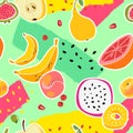 Fruit print. Fruits seamless pattern fresh food nature vitamin healthy eating colorful summer texture trendy cartoon