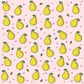 Fruit print on pink background with drops. Bright fruit: pears. Ripe yellow pear with green leaf.  Vector pattern background for Royalty Free Stock Photo