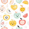 Fruit print on a white background. Cute hand-drawn smiling apples of different shapes and colors Royalty Free Stock Photo