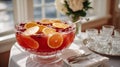 Fruit punch bowl with orange slices on a table setting. Royalty Free Stock Photo