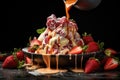 fruit puree being drizzled over ice cream