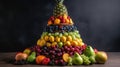 Fruit pyramid made of various fresh fruits on wooden table, dark background Royalty Free Stock Photo