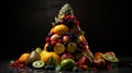 Fruit pyramid made of various fresh fruits on wooden table, dark background Royalty Free Stock Photo