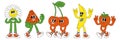 Fruit retro funky cartoon characters. Comic mascot of cherry strawberry banana watermelon flower