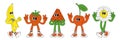 Fruit retro funky cartoon characters. Comic mascot of cherry strawberry banana watermelon flower