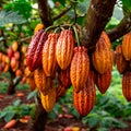 Fresh yellow cocoa pods grow on tree. Group of red cocoa pods hanging on tree branch. Harvest the agricultural cocoa Royalty Free Stock Photo