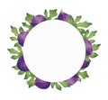 Fruit round fig wreath or frame. Botanical wreath of fresh ripe purple berries with leaves.Watercolor and marker Royalty Free Stock Photo