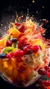 Fruit salad in a bowl with splashes on a black background. Generative AI Royalty Free Stock Photo