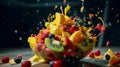 Fruit salad in a bowl with splashes on a black background. Generative AI Royalty Free Stock Photo