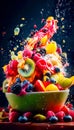 Fruit salad in a bowl with splashes on a black background. Generative AI Royalty Free Stock Photo