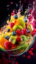 Fruit salad in a bowl with splashes on a black background. Generative AI Royalty Free Stock Photo