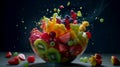 Fruit salad in a bowl with splashes on a black background. Generative AI Royalty Free Stock Photo