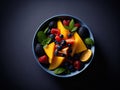 Fruit salad in bowl top view black background. ai generative Royalty Free Stock Photo