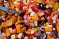 Fruit salad in bright and colored. Fresh Fruit Salad background Royalty Free Stock Photo