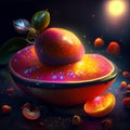 Fruit salad in a ceramic bowl on a black background. 3d rendering Generative AI Royalty Free Stock Photo