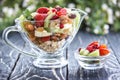 Fruit salad closeup with berries, yogurt and granola in a glass bow Royalty Free Stock Photo