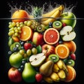 Fruit salad consisting of apples, bananas, pears, kiwi, strawberries, blueberries, in a fountain of submerged water.