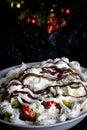 Fruit Salad with Cream, Strawberries with Cream, Chocolate topping Royalty Free Stock Photo