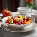 fruit salad with exotic fruits in a porcelain bowl