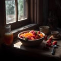 A fruit salad featuring a mix of colorful fruits