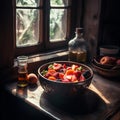 A fruit salad featuring a mix of colorful fruits