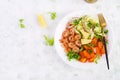 Fruit salad with fried prawns / shrimps, persimmon, red onion and lettuce in white bowls. Royalty Free Stock Photo