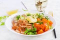 Fruit salad with fried prawns / shrimps, persimmon, red onion and lettuce in white bowls. Royalty Free Stock Photo
