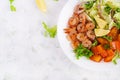 Fruit salad with fried prawns / shrimps, persimmon, red onion and lettuce in white bowls. Royalty Free Stock Photo