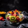 Fruit salad in a glass bowl on a black background, selective focus Royalty Free Stock Photo