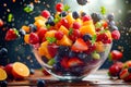 Fruit salad in glass bowl with strawberries oranges and blueberries. Generative AI Royalty Free Stock Photo