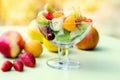 Fruit salad, healthy meal, freshly cut organic fruit in a glass