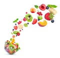 Fruit salad ingredients in the air in a glass bowl Royalty Free Stock Photo