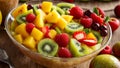 fruit salad kiwi, apple, mango summer , food strawberries beautiful glass dessert bowls, in the kitchen healthy