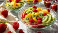fruit salad kiwi, apple, mango summer , health strawberries beautiful glass dessert bowls, in the kitchen healthy