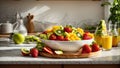fruit salad kiwi, apple, mango summer , nutritive strawberries beautiful glass dessert bowls, in the kitchen healthy